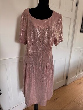 Connected Apparel Rose Pink Sequin Scoop Neck Midi Dress NWT